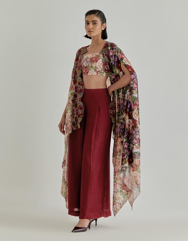 Red Pink Rosette Nomad Bustier & Cape & Trouser