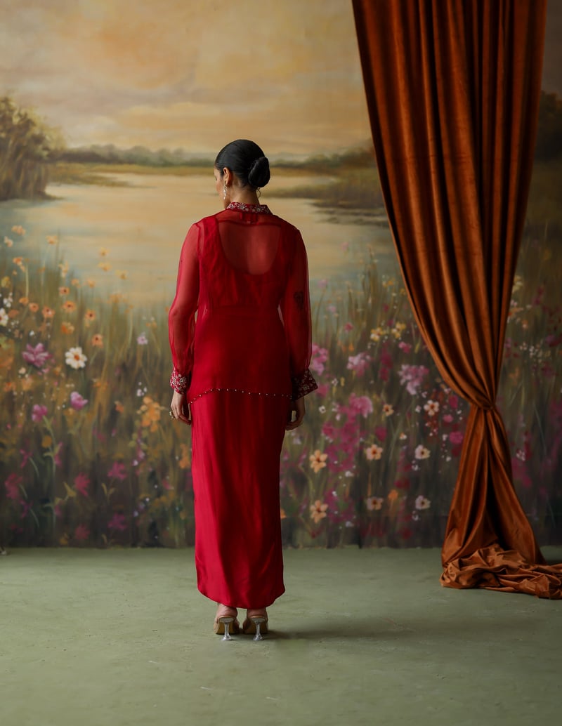 Scarlet Embroidered Organza Shirt and Draped Skirt Co-ord Set