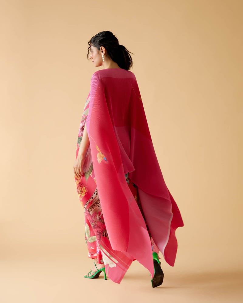 Fuschia/Magenta Pleated Satin Floral Print Cape