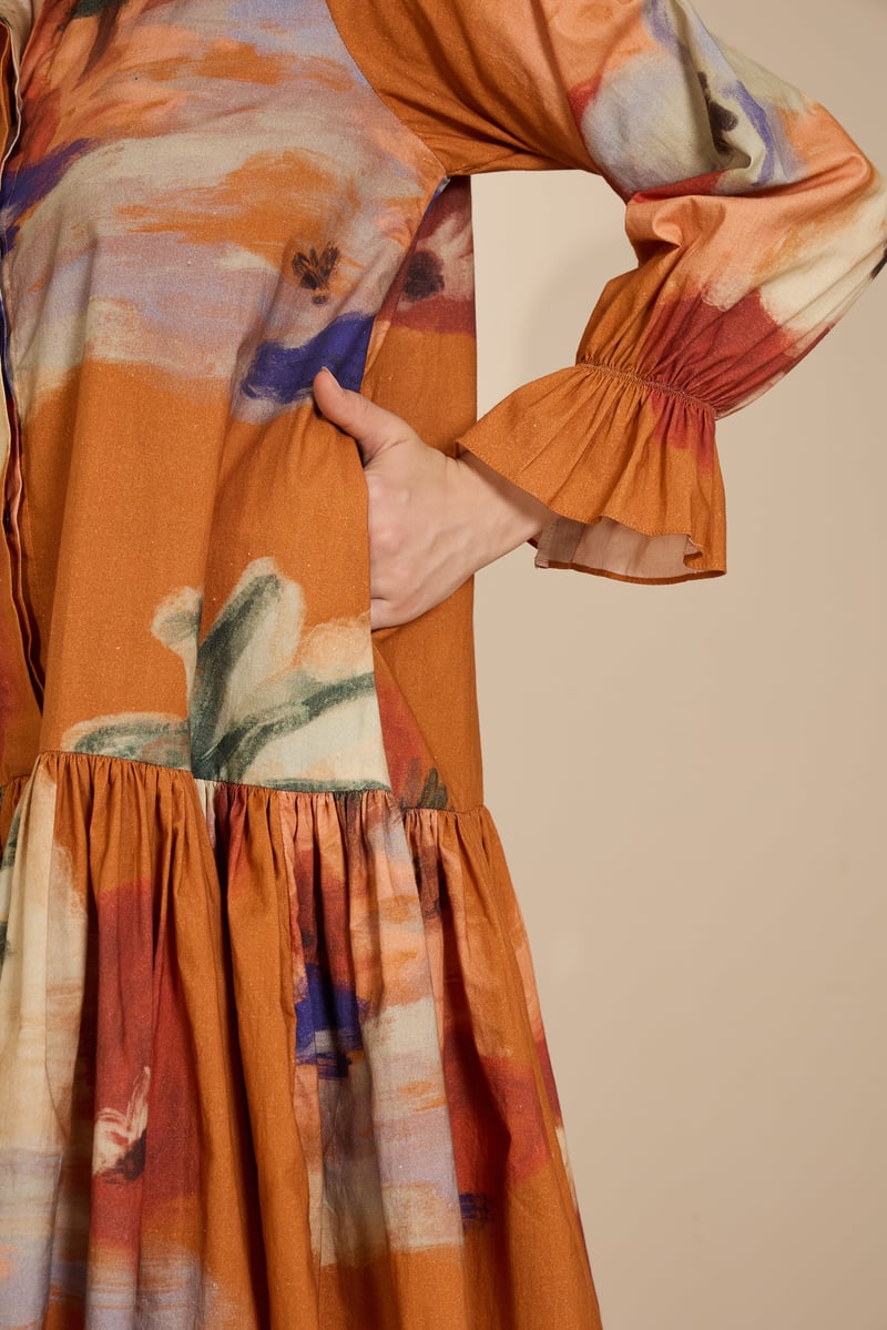 Rust Abstract Print Tiered Mini Shirt Dress