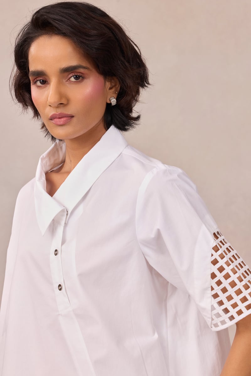 Bright White Poplin Shirt with Geometric Sleeve Cutwork