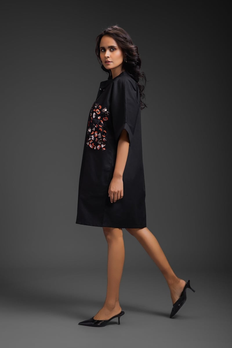 Black Relaxed Fit Mini Dress with Embellished Pocket