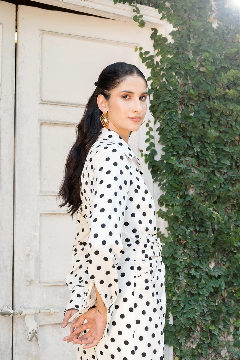 Off-White Polka Dot Knot-Waist Midi Shirt Dress
