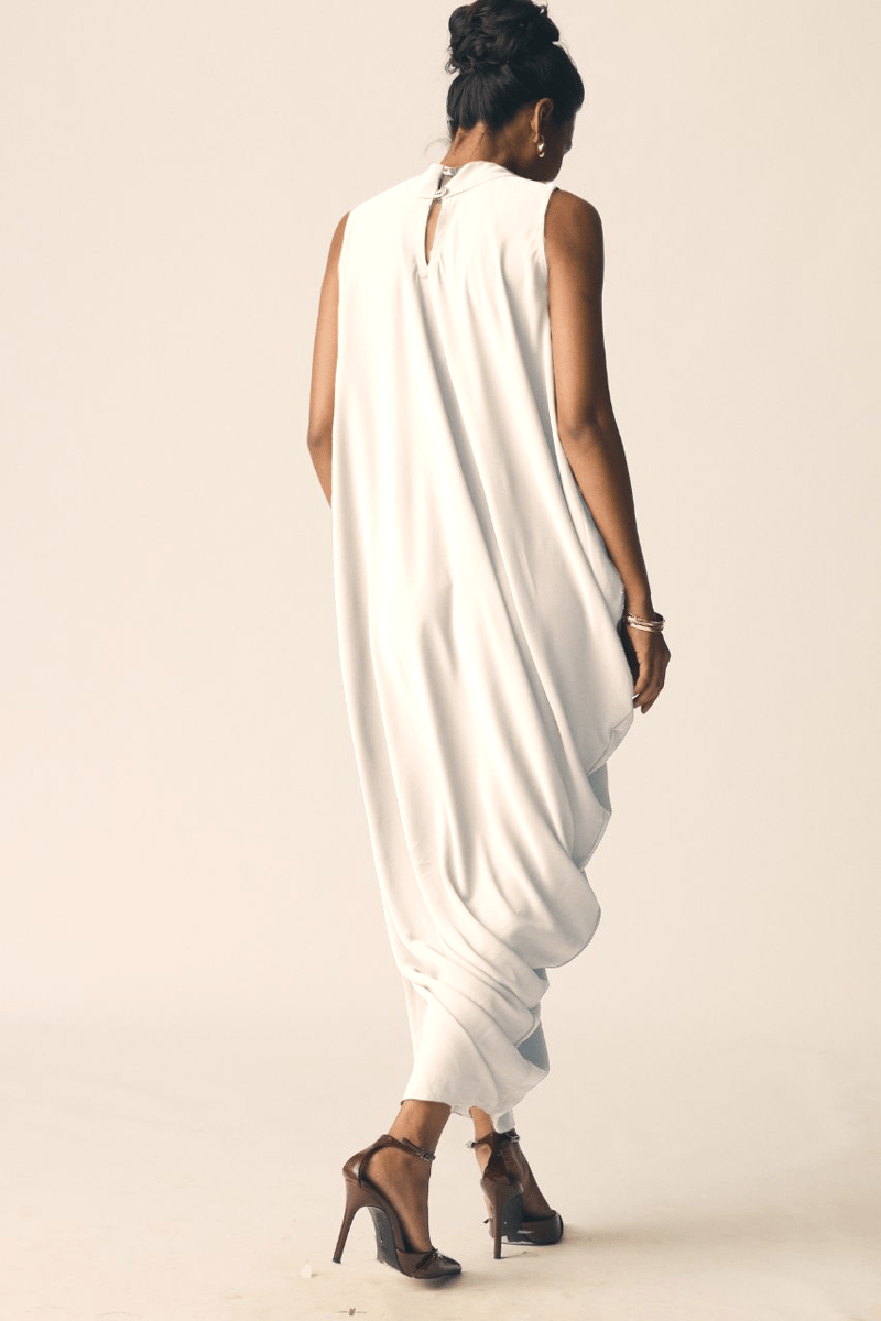 White High Neck Asymmetrical Drape Maxi Dress