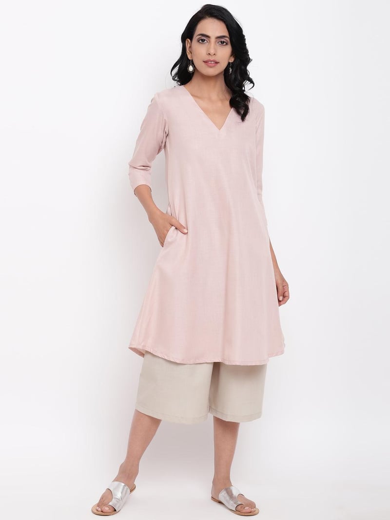 Pink V-Neck A-Line Kurta and Pant Set