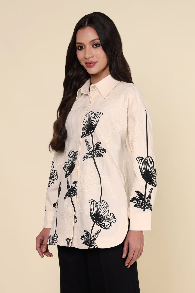 Natural Ivory Monochrome Floral Longline Cotton Shirt