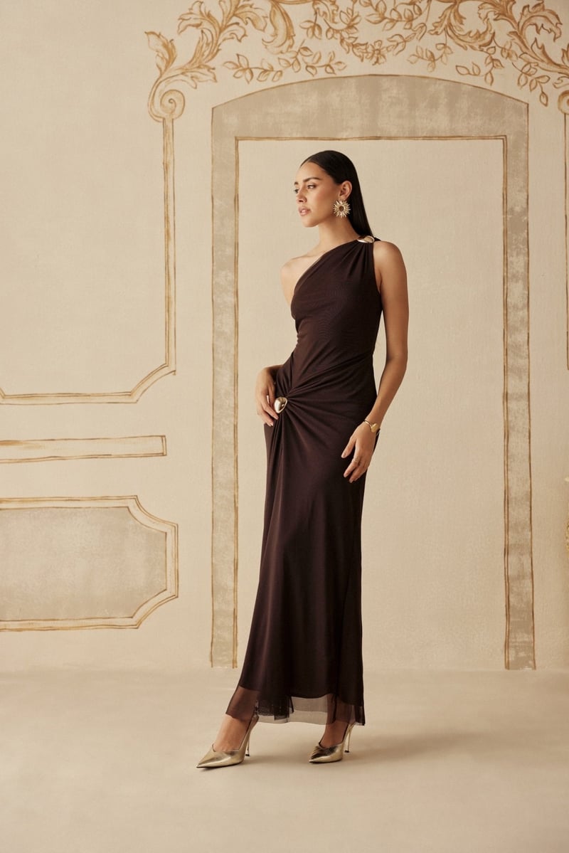 Brown One-Shoulder Ruched Maxi Gown with Thigh Slit