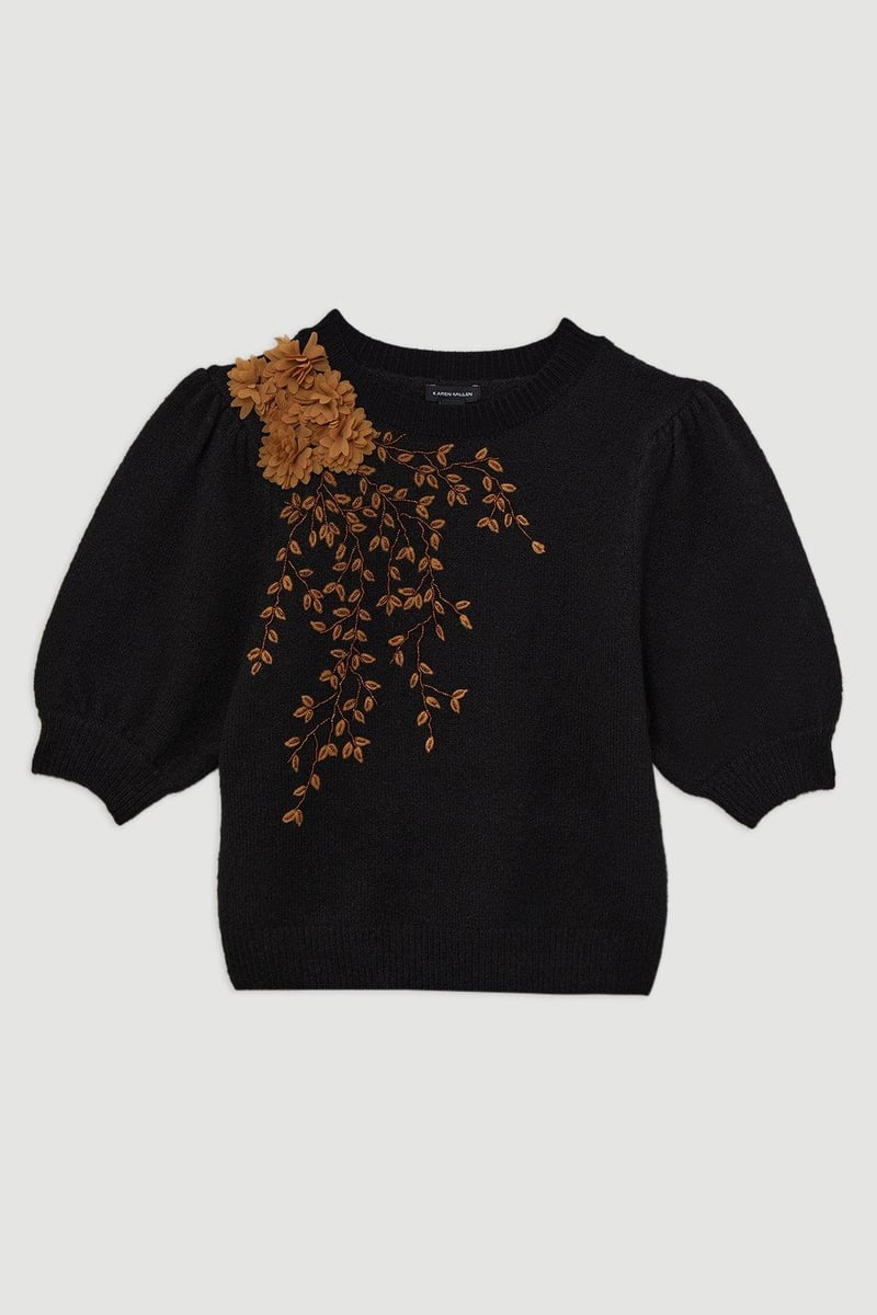 Black 3D Floral Applique Puff-Sleeve Knit Sweater
