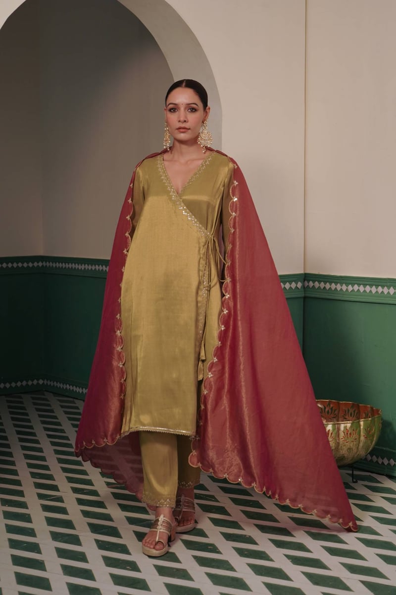 Meadow Green Tissue Angrakha Kurta Set with Narrow Pants