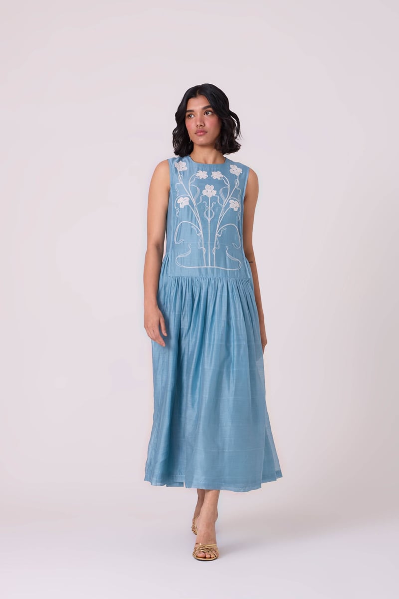 Blue Handwoven Chanderi Embroidered Maxi Dress