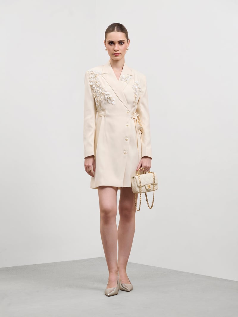 Ivory Wrap Blazer Dress with Pearl Embroidery — MADISON