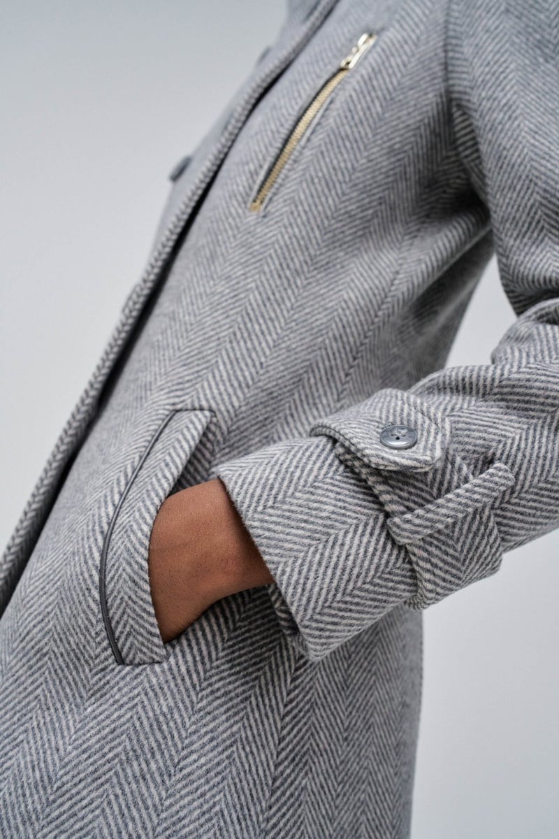 Grey Herringbone Double-Breasted Tailored Coat