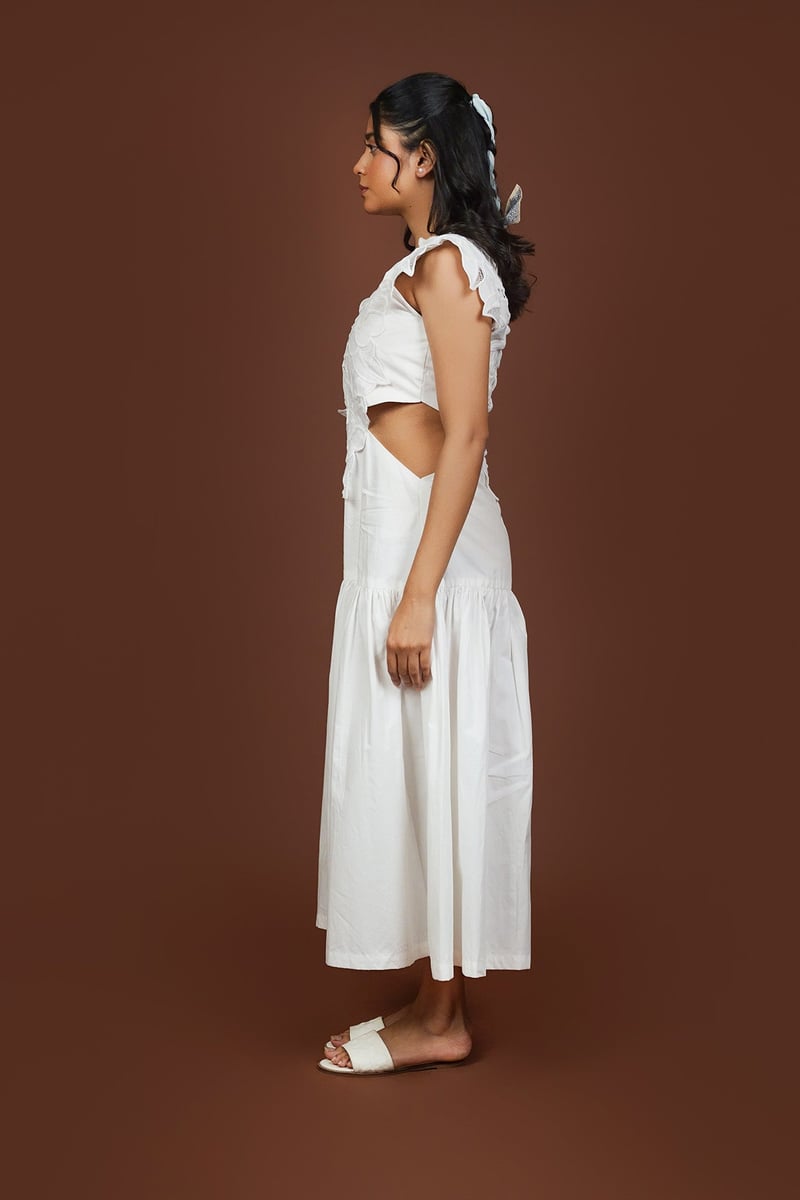 White Cotton Lace Bodice Fit and Flare Midi Dress