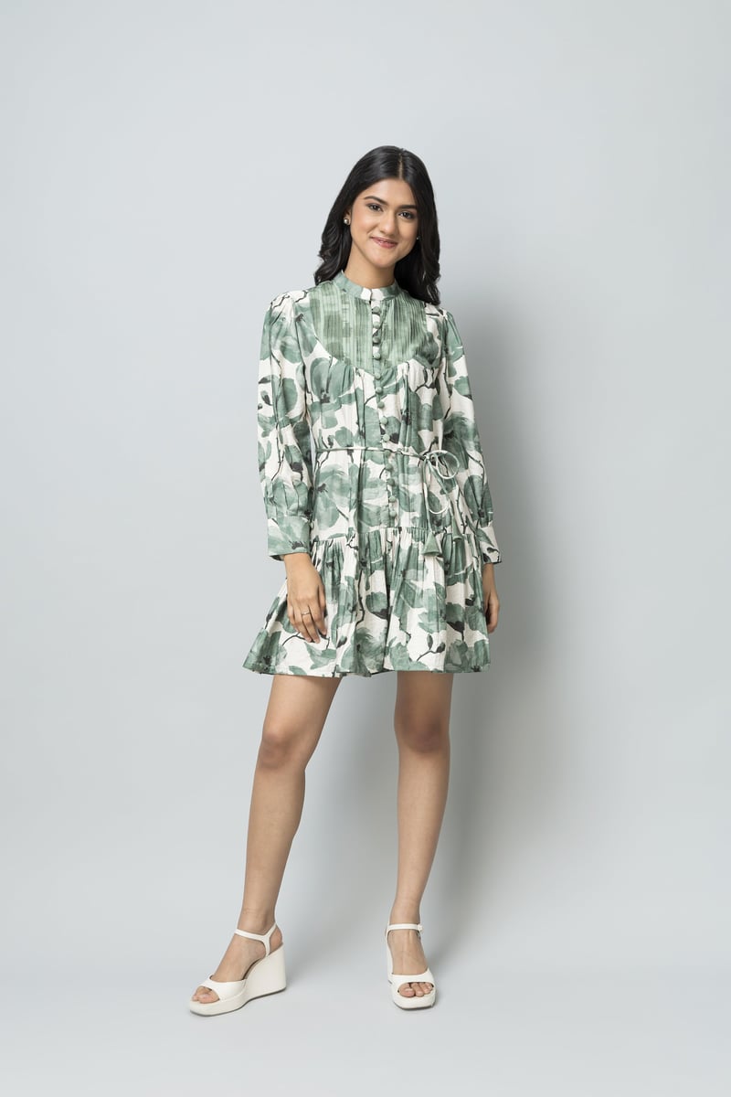 Sage Green Floral Fit and Flare Knee-Length Dress