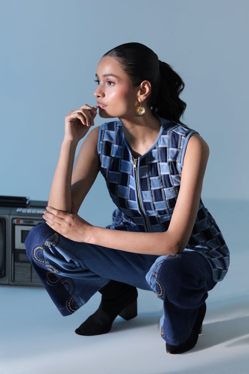 Blue Denim Basket-Weave Jacket and Wide-Leg Co-ord Set
