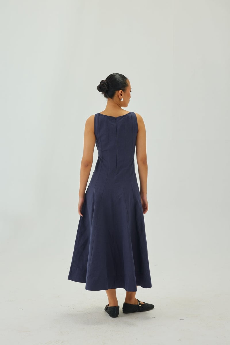 Indigo Linen Square-Neck Fit and Flare Midi Dress