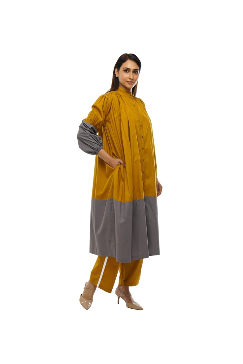 Mustard and Grey Colorblocked Midi Shirt Dress