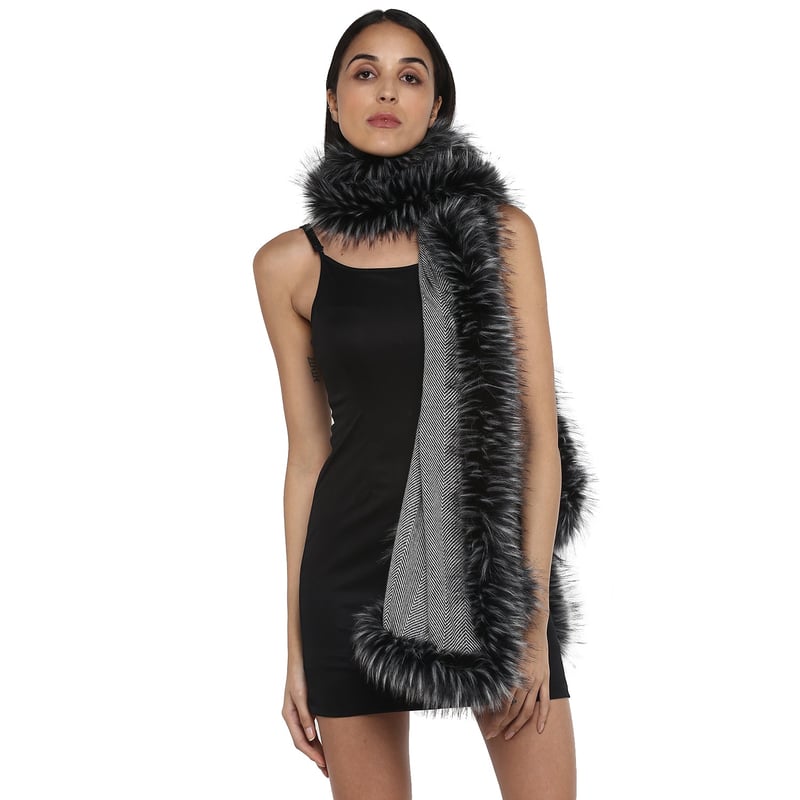 Black Herringbone Stole with Faux Fur Trim
