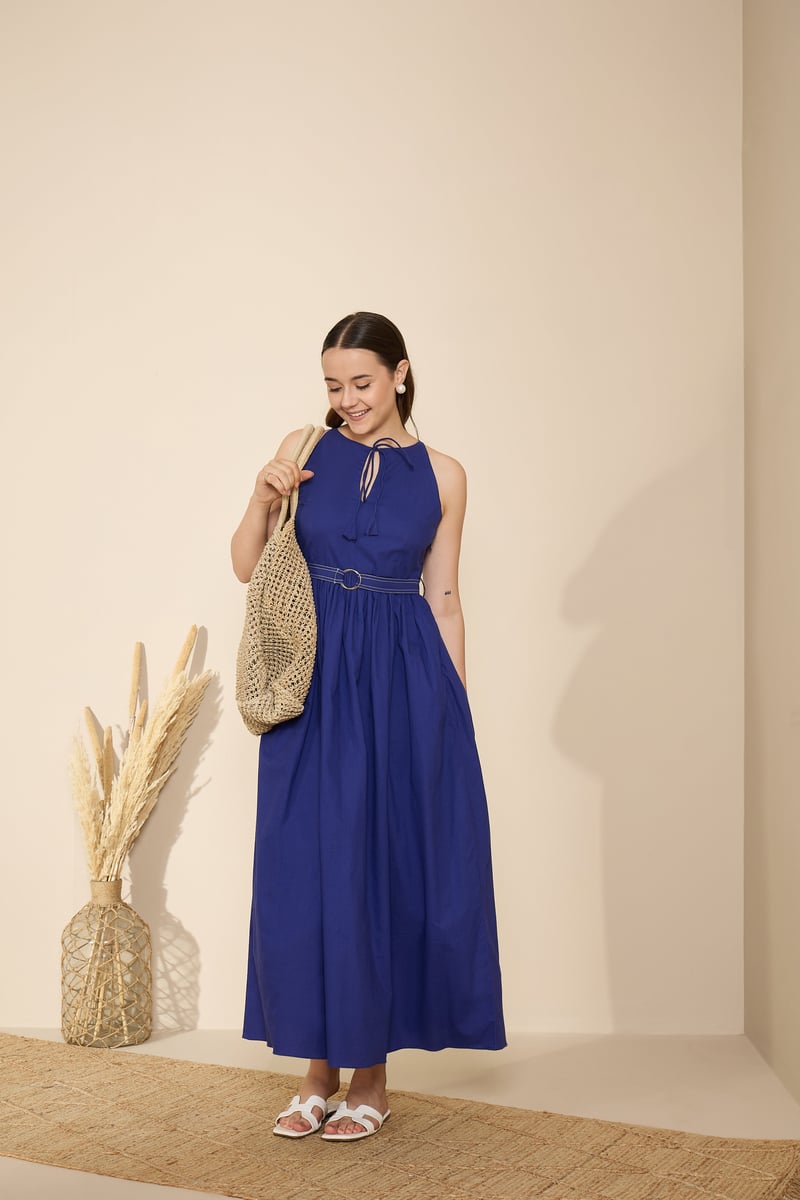 Aqua Blue Cotton Poplin Fit and Flare Midi Dress