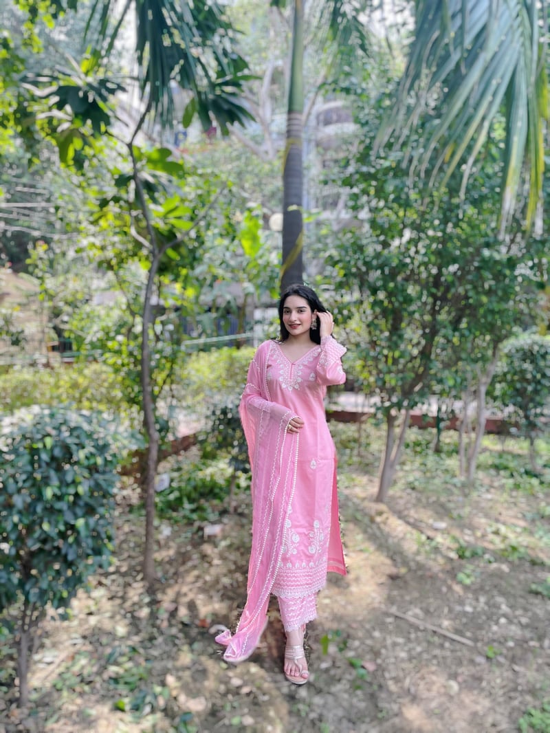 Pink Chanderi Straight Kurta Set with Thread Embroidery