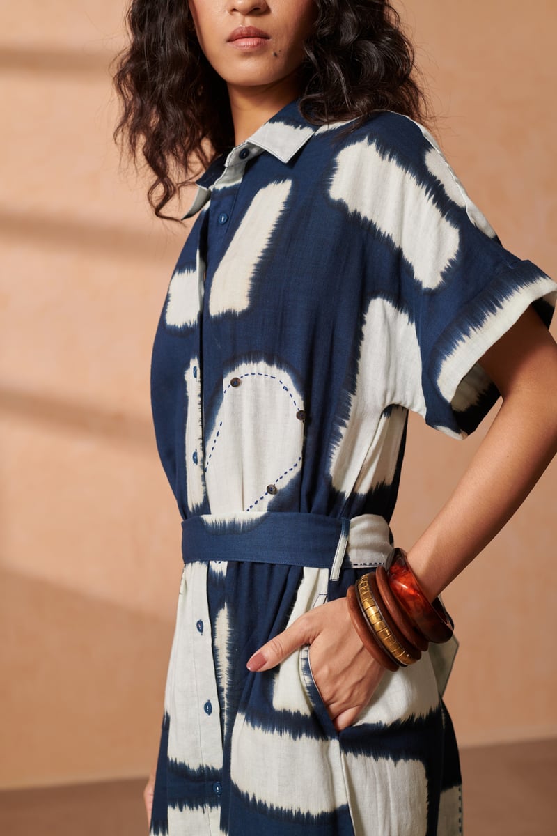Blue Abstract Print Midi Shirt Dress with Tie Belt