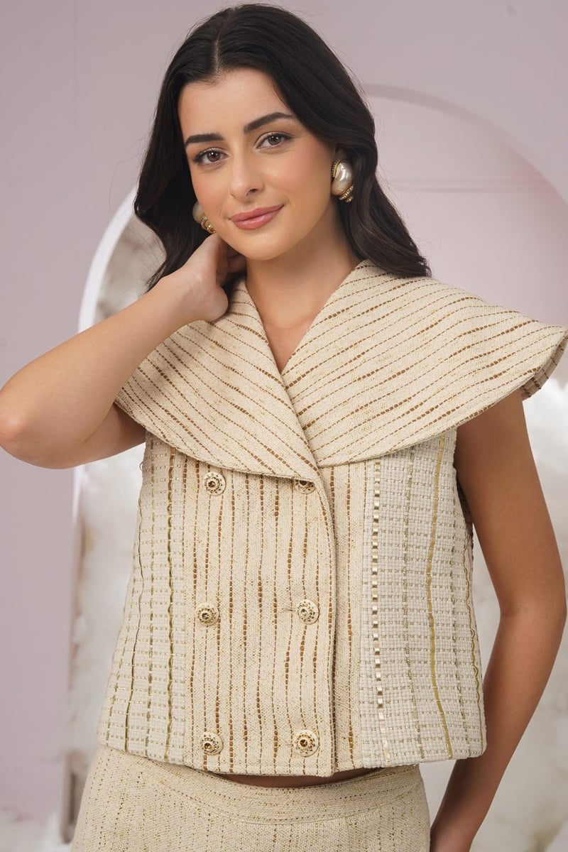 Beige Tweed Sleeveless Double-Breasted Boxy Top