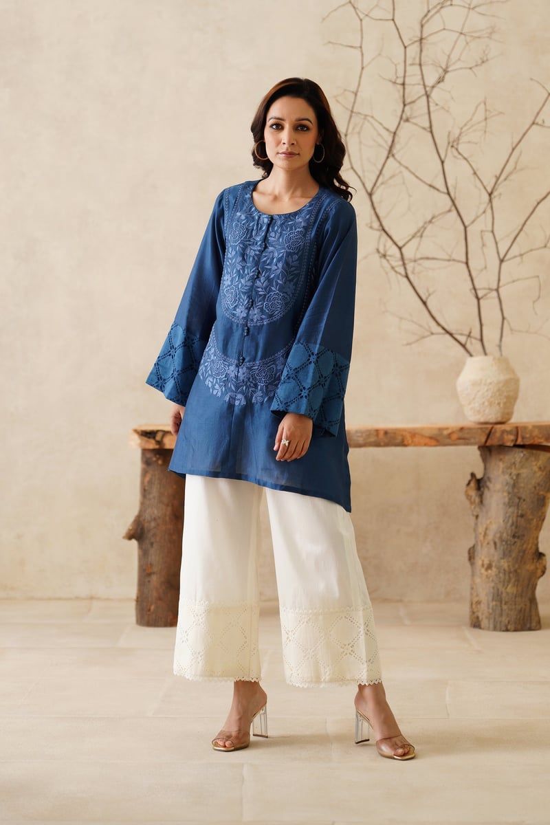 Blue Chanderi Embroidered Tunic and Cream Palazzo Co-ord Set