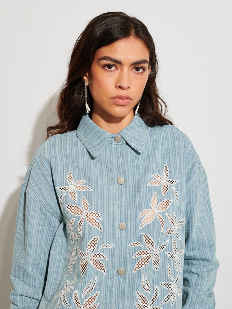 Washed Blue Striped Denim Shirt with Floral Cutwork