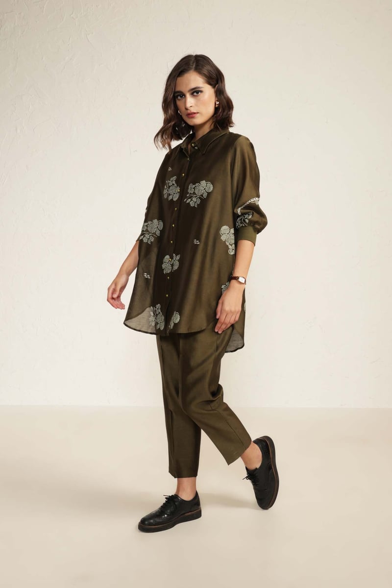 Olive Silk Chanderi Embroidered Shirt and Pant Co-ord Set