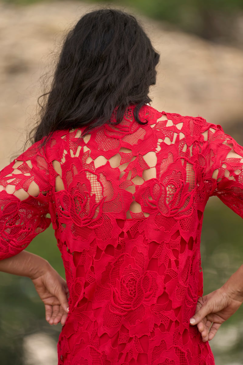 Red Lace Midi Dress with Band Collar and Flared Sleeves