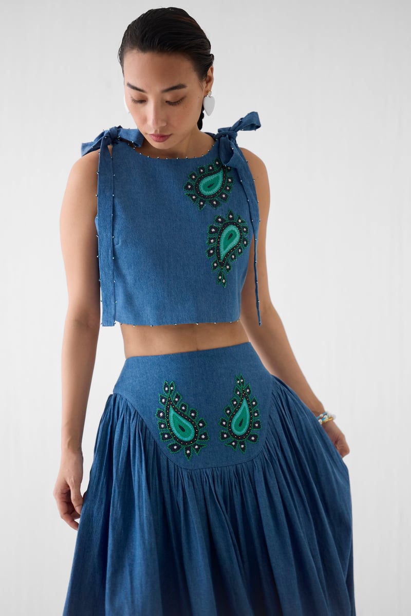 Denim Blue Crop Top and Maxi Skirt Co-ord Set
