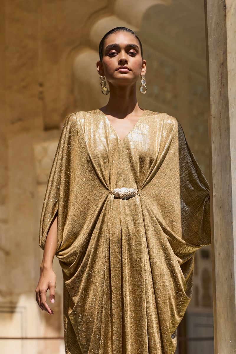 Gold Metallic Draped Maxi Kaftan with V-Neck