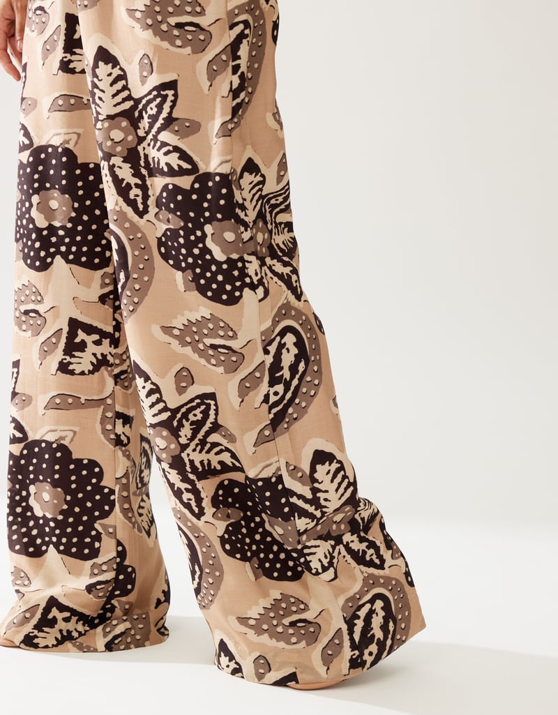 Cream And Dark Brown Floral Bow Tie Jumpsuit