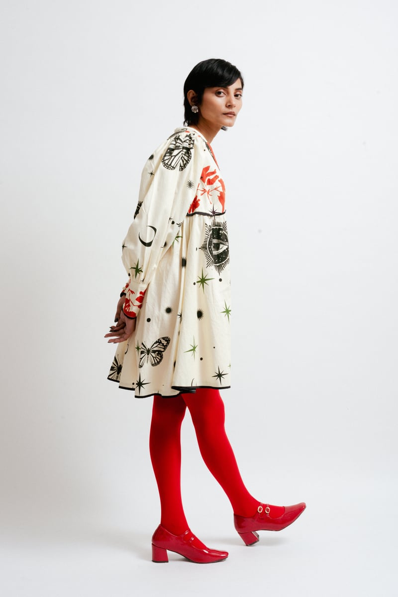 White/Red Celestial Print Smock Mini Dress