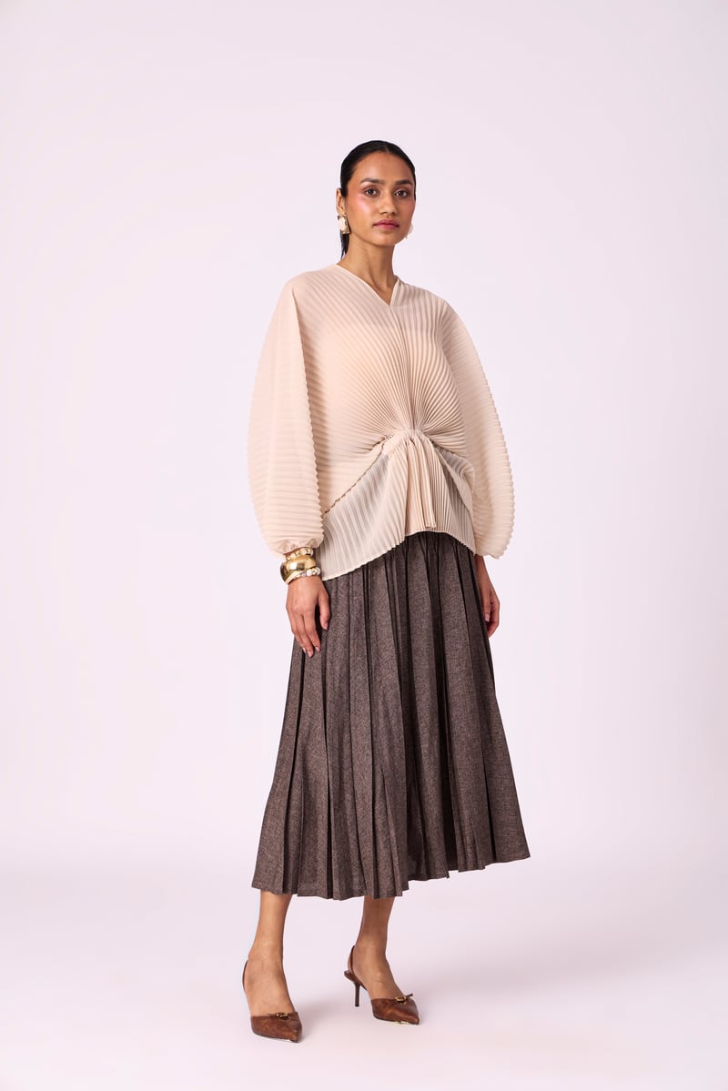 Cream Pleated Kaftan-Inspired V-Neck Batwing Top
