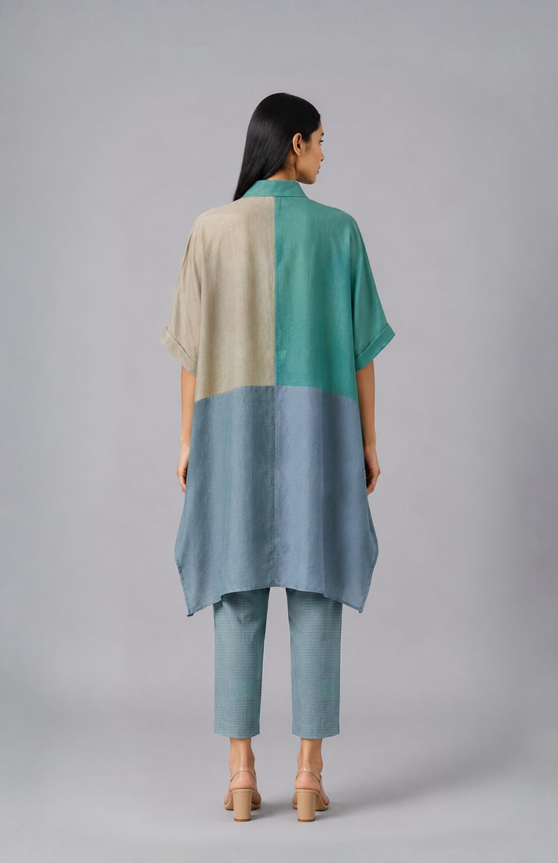Teal Colorblocked Printed Kaftan and Pant Co-ord Set