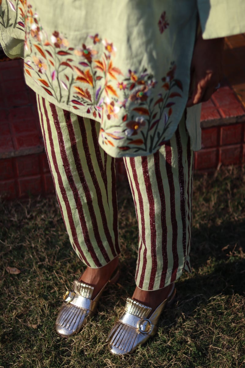 Green Linen Embroidered Tunic and Striped Pants Co-ord Set