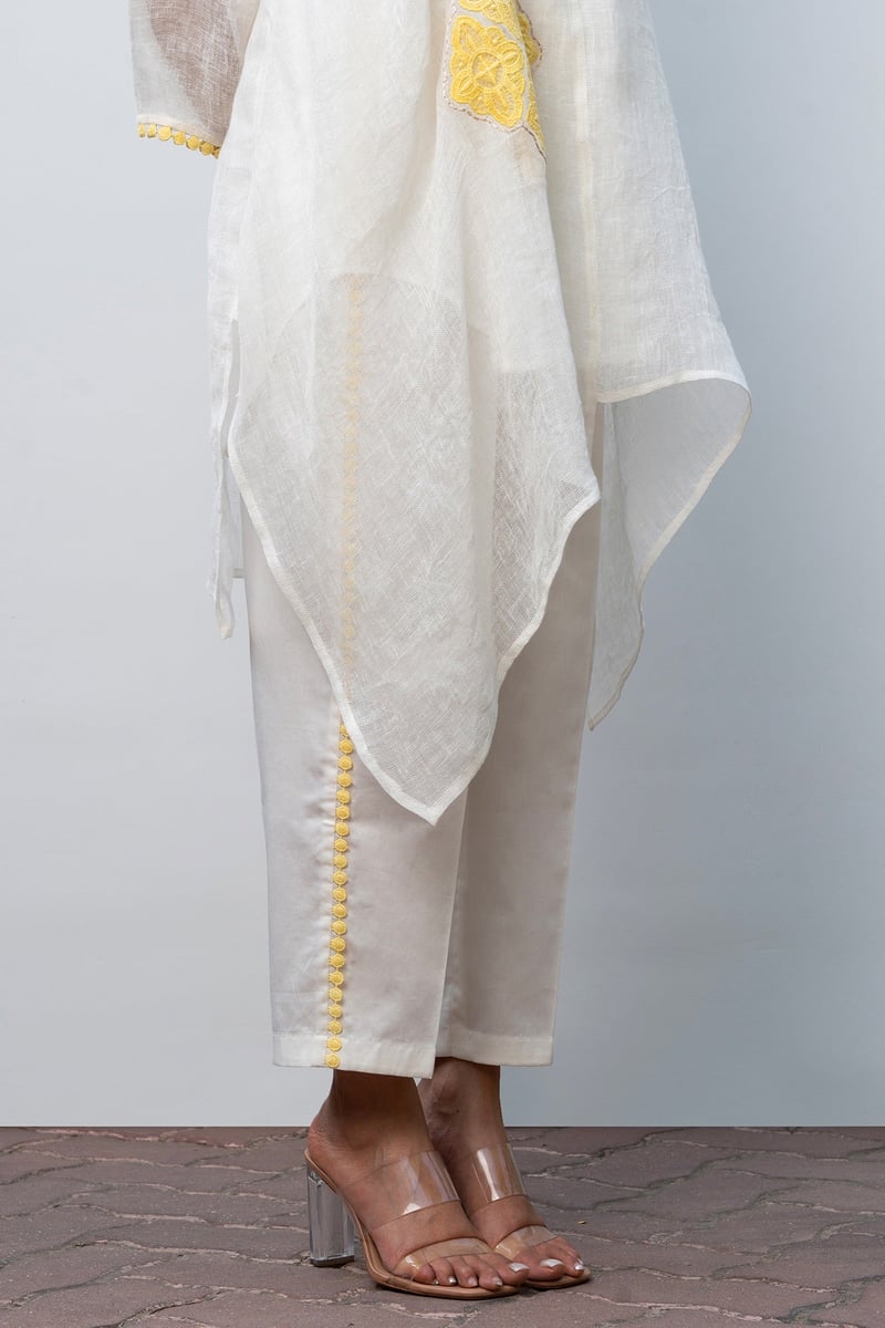 White and Yellow Linen Asymmetric Tunic Co-ord Set