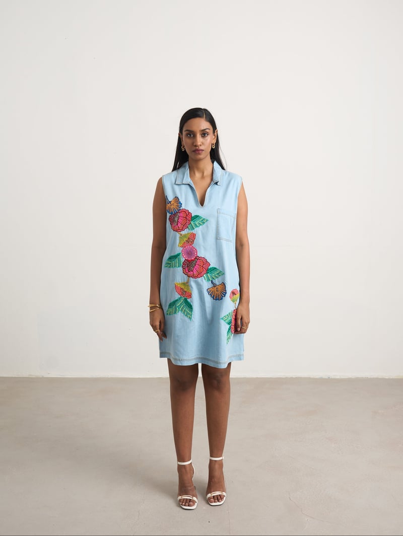Blue Denim Sleeveless Collared Dress with Floral Embroidery — Naka Teki