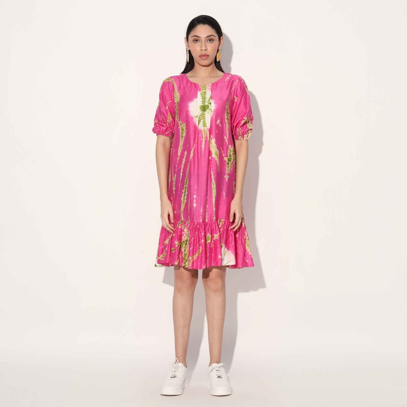 Pink Tie-Dye Tiered Knee-Length Dress — Linetribe