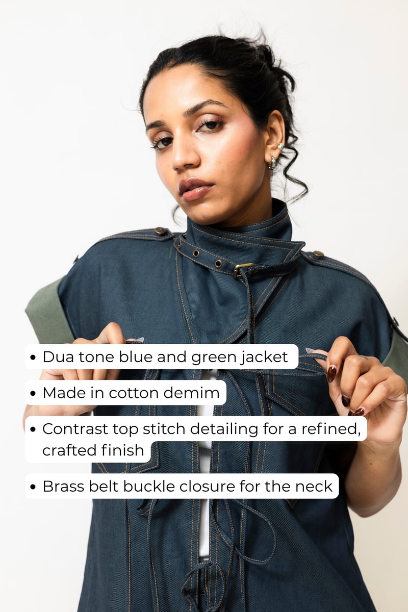 Dual-Tone Denim Utility Jacket with Lace-Up Front