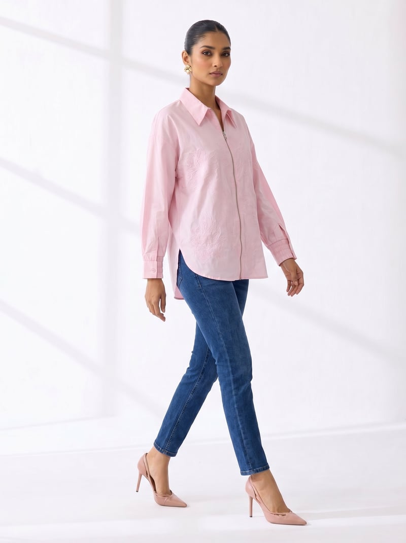 Baby Pink Zip-Front Embroidered Cotton Shirt