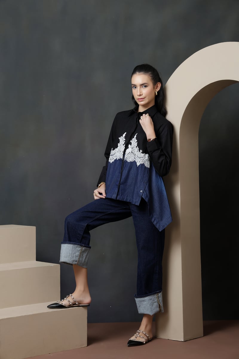 Dark Denim Colorblock Shirt with White Lace Insert — Rhe-Ana
