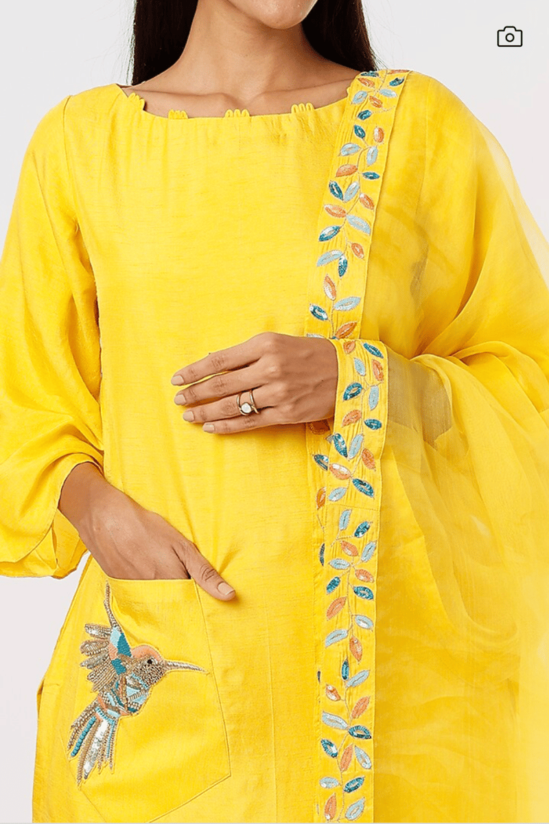 Yellow A-Line Kurta Set with Boat Neck and Embroidered Pocket