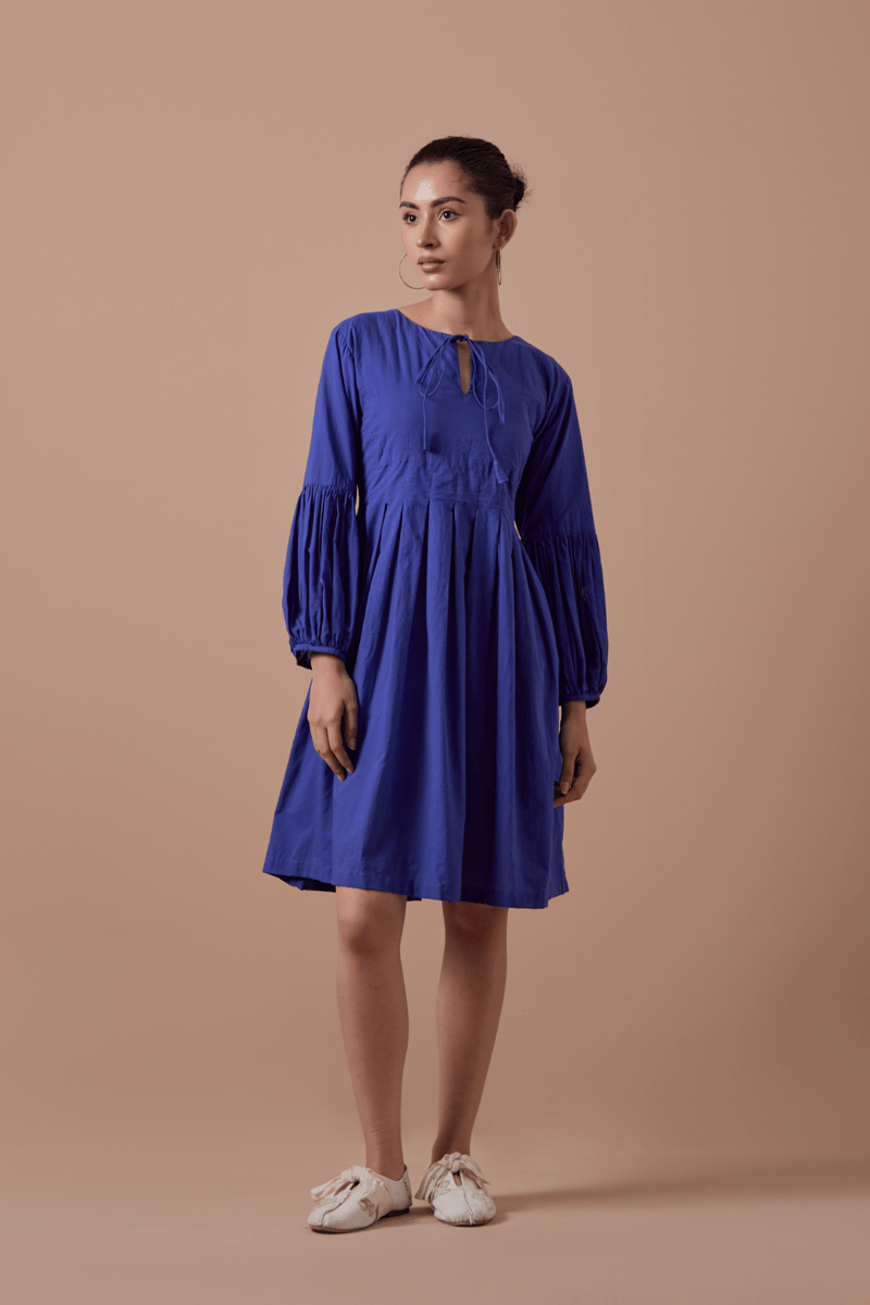 Royal Blue Handwoven Cotton Fit and Flare Knee-Length Dress