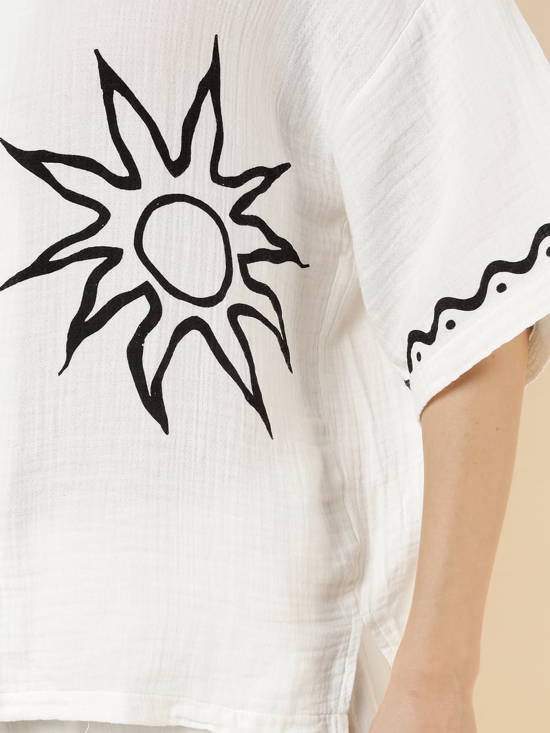 White Sun Motif Shirt and Wide-Leg Trouser Co-ord Set
