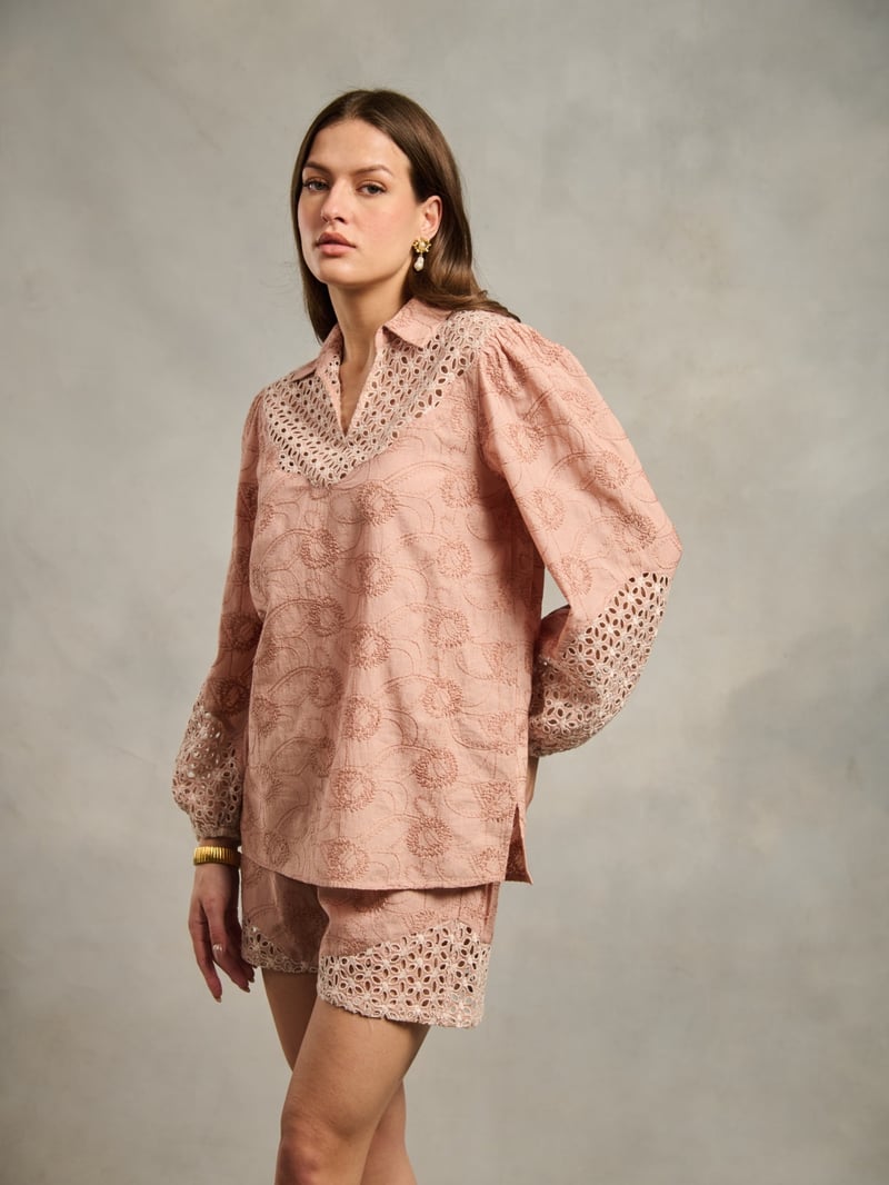 Peach Cotton Schiffli Cutwork Collared Blouse