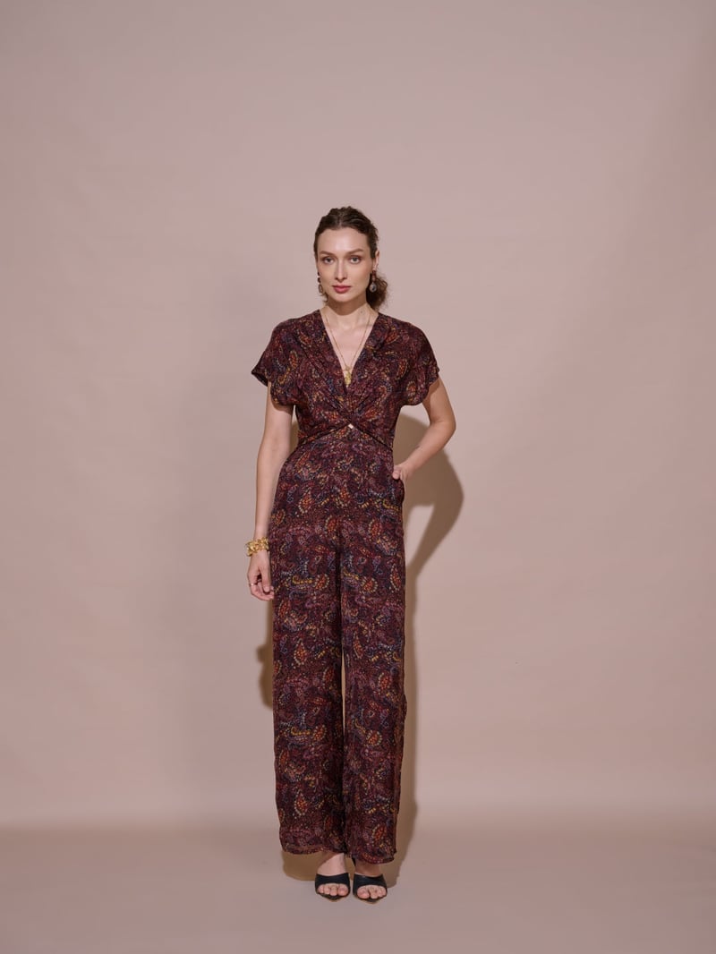 Wine Printed V-Neck Wide-Leg Jumpsuit with Knot Waist