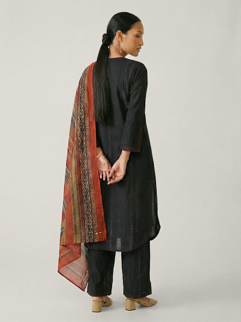 Black Straight Kurta Set with Pintuck Panel and Dupatta