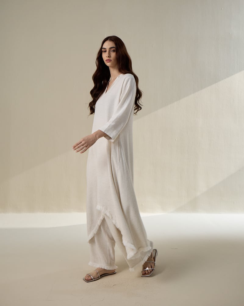 Natural Linen V-Neck Co-ord Set with Wide-Leg Pants